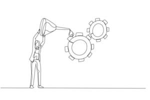 Cartoon of businesswoman oiling gear cogwheel to make it work properly metaphor of quality control and management. One line style art vector