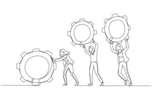 Illustration of businesswoman and colleague people holding cogwheels gear teamwork make dreamwork organization. One continuous line art style vector