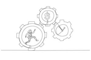 Cartoon of businesswoman running inside gear cogs make time and money gears spin. Continuous line art style vector