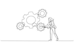 Drawing of businesswoman manager use managerial skill to rotate group of business cogwheels. Single continuous line art vector