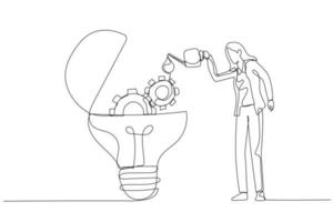 Cartoon of businesswoman drop oil lubricant into idea lightbulb lamp with mechanical gears. Single continuous line art style vector