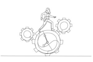 Drawing of businesswoman run along gear in form of clock concept of time management. Single line art style vector