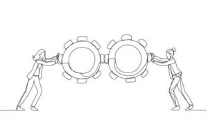 Drawing of businesswoman pushing gears wheel concept of business team work. Single line art style vector