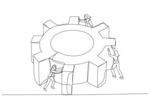 Drawing of businesswoman spinning cogwheel gear together with team concept of hard work team. Single line art style vector