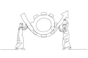 la caricatura de un socio árabe ayuda a girar la rueda dentada del engranaje para hacer que la flecha se eleve por el concepto de transformación empresarial. estilo de arte de una línea vector