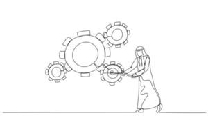 Illustration of arab man manager use managerial skill to rotate group of business cogwheels. Continuous line art vector