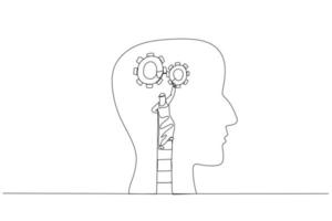 Drawing of arab man using the ladder and installing gear on people head concept of thinking. Continuous line art vector