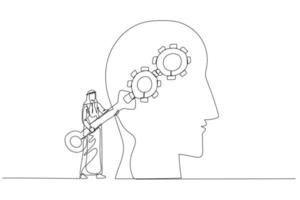 ilustración de un hombre árabe con el uso de una llave inglesa que fija la metáfora de las ruedas dentadas para cambiar la actitud mental. estilo de arte de línea continua única vector