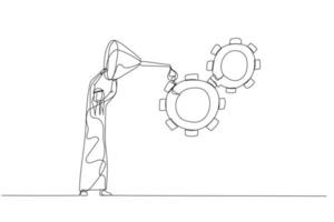Cartoon of arab man oiling gear cogwheel to make it work properly metaphor of quality control and management. Single line art style vector