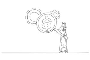 Cartoon of arab man with magnifier showing dollar money reflection looking at gear cogwheel concept of cost efficient. Single continuous line art vector