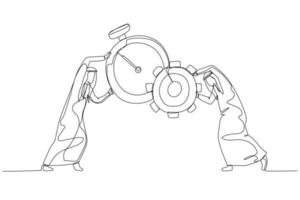 Cartoon of arab man combine clock with and gear cogwheel concept of time management and production. Single line art style vector