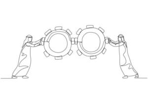 ilustración de un hombre árabe empujando el concepto de rueda de engranajes del trabajo en equipo de negocios. estilo de arte de línea continua única vector