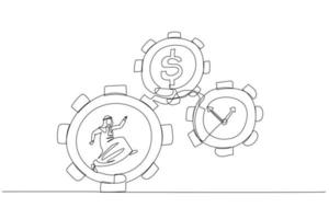 Drawing of arab man running inside gear cogs make time and money gears spin. One line style art vector