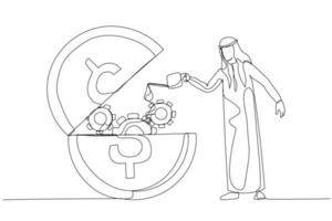 Drawing of arab man put lubricant oil on opening gold coin concept of financial liquidity. One line art style vector