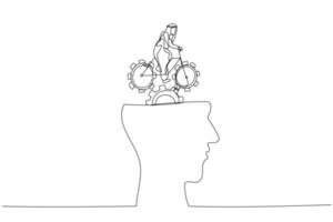 Cartoon of arab man riding bike with gears on head. Single line art style vector
