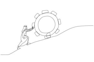 Cartoon of arab man pushing gear to the top metaphor of persistence and hard work. Single line art style vector