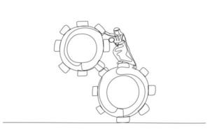 Caricatura de un líder árabe que usa una lupa para analizar el problema de las ruedas dentadas. estilo de arte de una sola línea vector