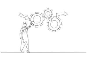 el dibujo del hombre árabe hace que las ruedas dentadas funcionen de manera efectiva y eficiente para obtener el mejor resultado del concepto de gestión del flujo de trabajo. estilo de arte de una línea vector