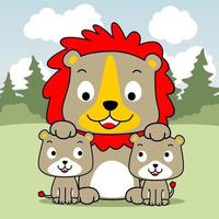 lion family on trees background, vector cartoon illustration