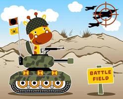 Giraffe on armored vehicle in battlefield, vector cartoon illustration