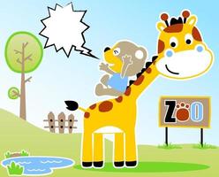 Little bear sliding on giraffe's neck, vector cartoon illustration