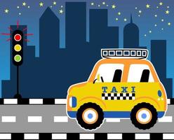 vector cartoon of yellow taxi in city road at night with stoplight