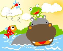 Funny hippopotamus and little friends in the swamp, vector cartoon illustration