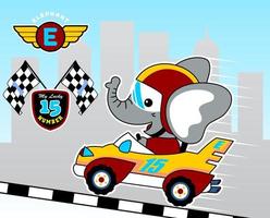 Funny elephant driving racing car on buildings background, vector cartoon illustration