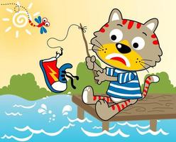 ilustración vectorial de dibujos animados, gato divertido con pesca de libélula en el río obtener un zapato vector