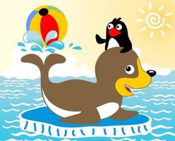 Vector cartoon of a seal and a penguin in the cold sea playing ball