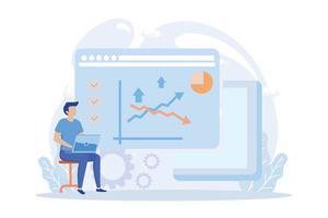 Digital marketing and promotion illustration. Characters analyzing graph, charts and planning marketing strategy to achieve business goals. Business concept. Flat vector modern illustration