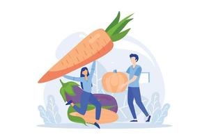 estilo de vida sostenible. personas que recolectan basura plástica en el contenedor de basura de reciclaje, intentan salvar el planeta tierra y siguen una dieta vegana. ilustración moderna de vector plano