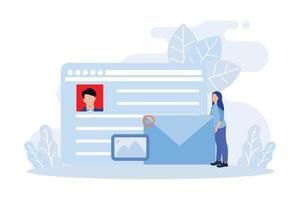 Email Marketing Scenes. People Characters Using Online Postbox and Sending Advertising Mails. Woman and Man Holding Envelopes and Reading Letters. Flat vector modern illustration