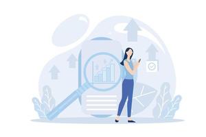 ilustración de marketing digital. personajes analizando las tendencias del mercado móvil, planificando la optimización seo y la estrategia de orientación. concepto de actividades empresariales. ilustración moderna de vector plano