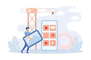 Mobile design and development illustration. Developers prototyping, programming user interface and testing mobile app. UI design and user experience concept. Flat vector illustration