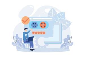 Customer feedback and user experience illustration. Characters giving review to customer service operator and choosing emoji to show satisfaction rating. Rating scale concept. Flat vector illustration