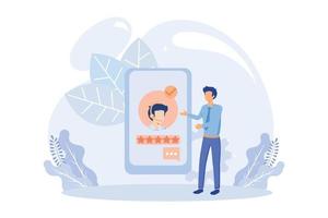 Customer feedback and user experience illustration. Characters giving review to customer service operator and choosing emoji to show satisfaction rating. Rating scale concept. Flat vector illustration