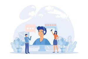 Customer support illustration. Characters using online helpdesk platform. People asking a questions and receiving answers from helpdesk or call center operator. Flat vector modern illustration