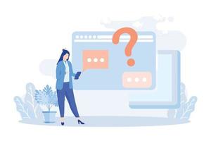 Customer support illustration. Characters using online helpdesk platform. People asking a questions and receiving answers from helpdesk or call center operator. Flat vector modern illustration