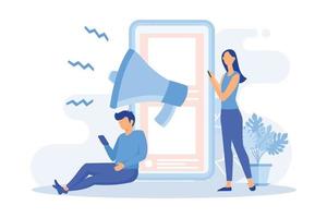 Social media illustration. Characters integrating with social media platform. Followers leaving reaction on posts, giving feedback, likes and writing comments. Flat vector modern illustration