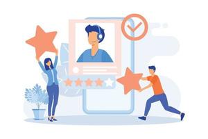 Customer feedback and user experience illustration. Characters giving review to customer service operator, choosing emoji to show satisfaction rating and filling survey form. flat vector illustration