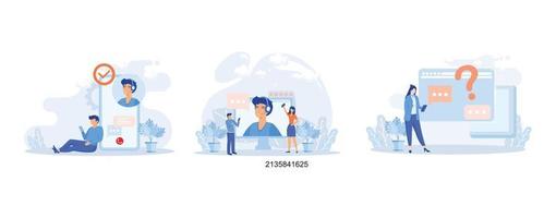 Customer support illustration. Characters using online helpdesk platform. People asking a questions and receiving answers from helpdesk or call center operator. Flat vector modern illustration