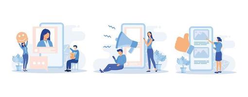 Social media illustration. Characters integrating with social media platform. Followers leaving reaction on posts, giving feedback, likes and writing comments. Flat vector modern illustration