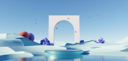 Surreal Beautiful Dream land background. Abstract Dune in winter season landscape with geometric arch. Fantasy island scenery with water and natural cloudy sky. Metallic mirror arch. 3d render. photo