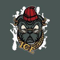 Dog pug with chain, hat and glasses. Vector illustration for your streetwear design