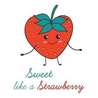 Sweet like a Strawberry - hand drawn strawberry illustration with lettering. Doodle style vector Valentine card.