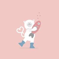 lindo y encantador gato y pez dibujados a mano, feliz día de san valentín, concepto de amor, diseño de vestuario de personaje de dibujos animados de ilustración vectorial plana vector