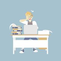 busy businessman working very hard, had a headache with laptop notebook, flat character design vector illustration