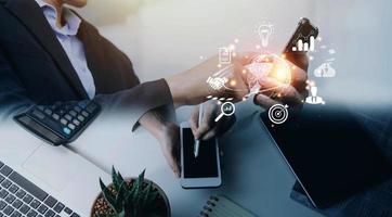 woman Hand holding virtual Global Internet connection metaverse. Business global internet connection application technology and digital marketing, Financial and banking, Digital link tech, big data. photo