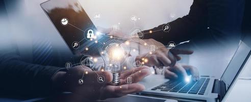 businessmen Fingerprint scanning and biometric authentication, processing of biometric for access personal data. surveillance and security scanning of digital programs cyber futuristic applications photo